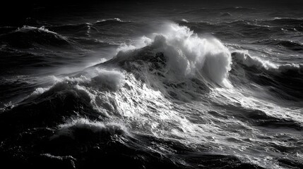 Dramatic monochrome seascape featuring powerful waves crashing in the ocean.