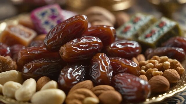 Close-up of a delicious assortment of dates and nuts, perfect for a healthy snack or festive occasion.