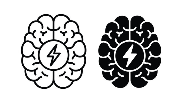 Brain with lightning icon set -  Vector icon set - Line and glyph solid icon set - Icon vector - Flat Design Icon - Solid icons vector collection - Blue icon set 