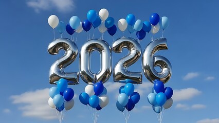 Silver 2026 balloons floating in blue sky