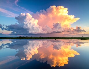Magnificent sunset cloudscape over calm water, reflecting colors