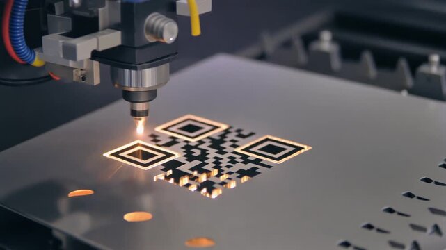 Close-up of a laser engraving machine creating a QR code on a metal surface with sparks flying, showcasing precision industrial technology.