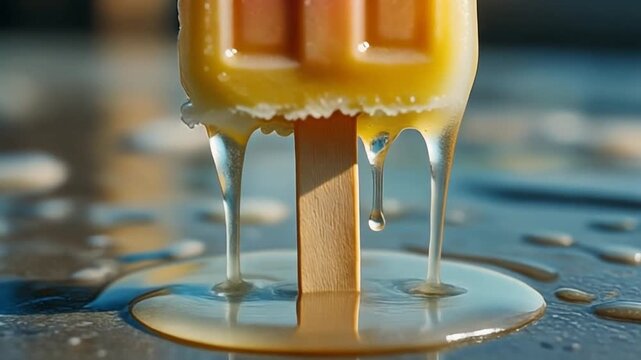 Close-up of a melting colorful popsicle on a stick, with drops of water running down its sides and pooling at the base, capturing the essence of summer refreshment.