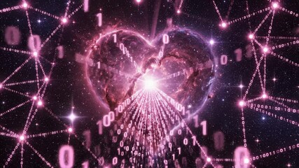 Binary Code Streams Into Heart Nebula Over Network of Glowing Nodes - Powered by Adobe