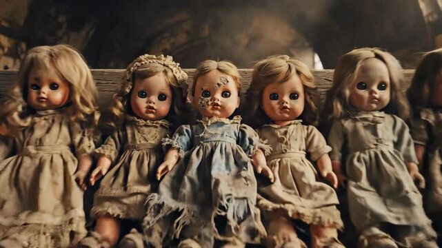 Five unsettling, vintage creepy dolls are sitting closely in tattered dresses within a dark, abandoned prison, captured with a cinematic horror aesthetic.