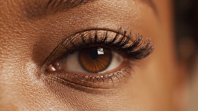 Close-up of a beautiful brown eye with long, dark eyelashes, capturing a moment of intense gaze and reflection