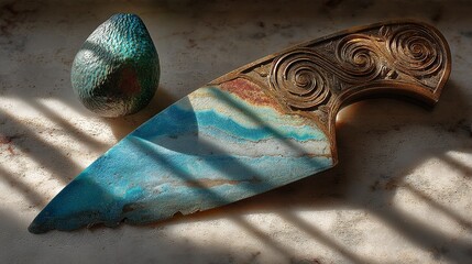 Bright Blue Knife and Moldy Avocado on Marble Surface