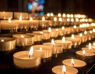 Glowing candles in holders arranged on shelves, warm light