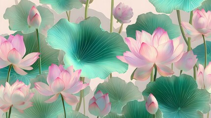 Dreamy Lotus Pond - A Serene Symphony of Pink and Green Hues.