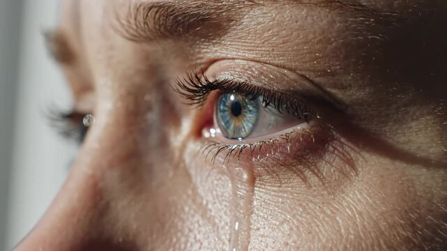A poignant moment captured as a solitary tear glistens in the corner of an eye, reflecting profound emotional depth and silent vulnerability in human experience