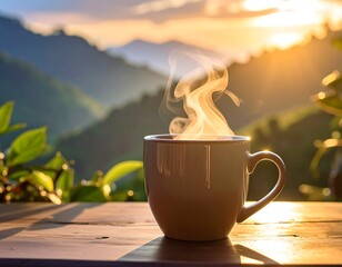 Morning coffee steams with sunlight over scenic mountain range