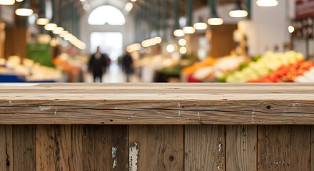Rustic Wooden Countertop in a Busy Marketplace.