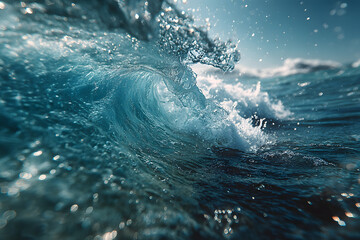 Fototapeta premium The deep blue sea at the time of the storm can be seen from under the water. Abstract wave blur under water