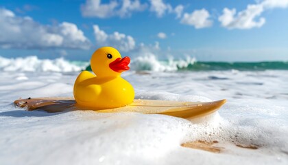 A vibrant yellow bath toy perched on a wooden board, cresting ocean waves under a bright, sunny sky