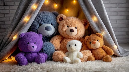 Cozy Child&rsquo;s Fort with Soft Teddy Bears Under Twinkling Lights