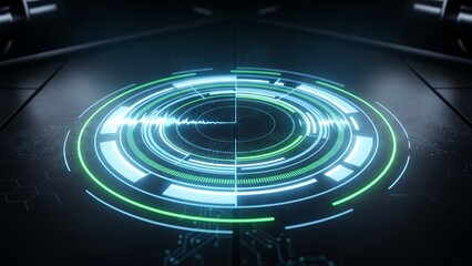 Futuristic glowing circular UI with digital data waveform and circuit board elements