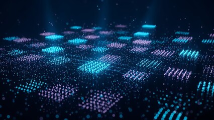 Abstract digital background with glowing blue and purple particles and connected lines representing data flow, network, and technology concepts.