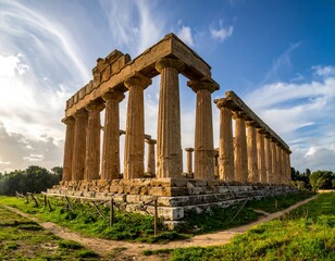 Fototapeta premium Ancient Doric temple ruins bathed in sunlight under a blue sky
