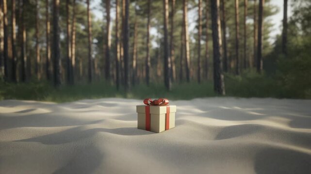 A single ribboned gift box placed at the edge of a sandy beach. Foamy waves sparkle under br