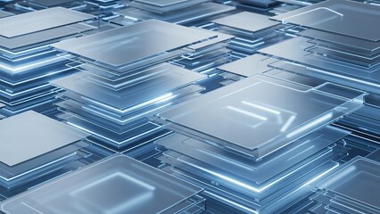 Abstract technology background featuring stacked translucent plates with glowing blue edges, representing data organization, digital storage, and cloud computing concepts.
