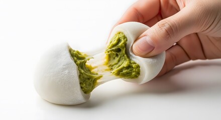 Hand pulling soft Japanese mochi rice cake, revealing sticky green filling inside.