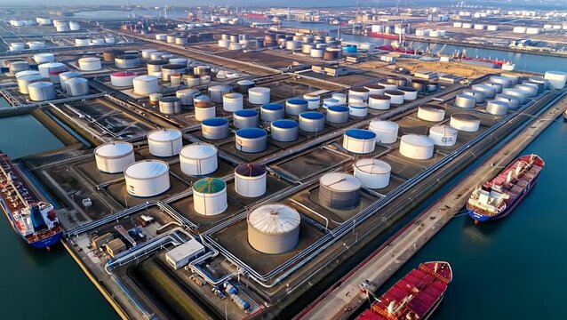 Aerial view of industrial tank farm with large storage containers and ships maritime transport, logistics.