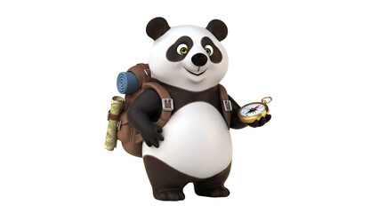 3D Cartoon Panda Explorer with Backpack and Compass, Isolated on Transparent Background