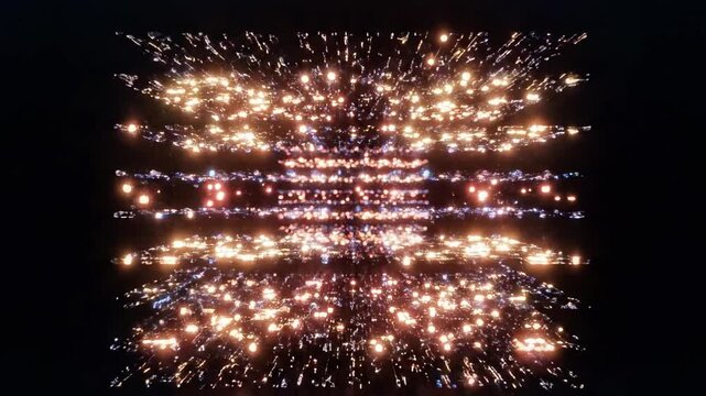 A radiant, symetrical pattern of glowing lights and orbs on a black background, creating a mesmerizing visual effect