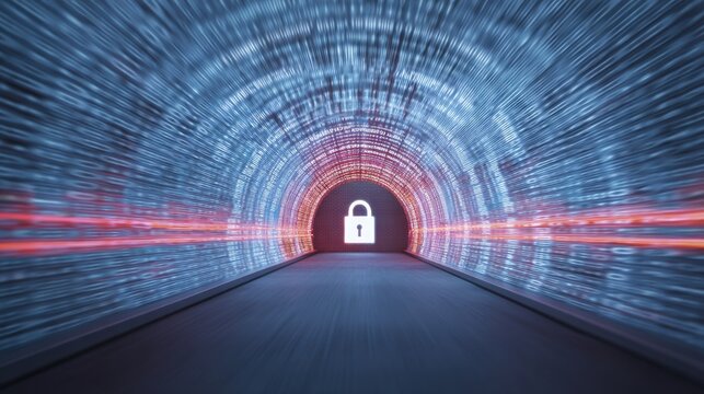 Secure digital tunnel with illuminated code patterns and glowing padlock symbol conveying protected information flow and cyber security confidence