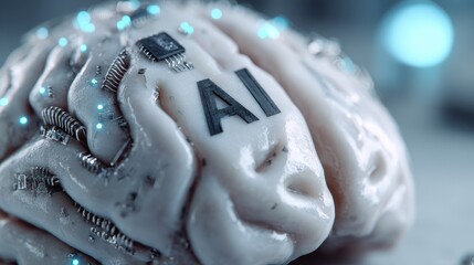 Futuristic artificial intelligence brain model with glowing circuits and microchips, symbolizing advanced technology and innovation in digital intelligence
