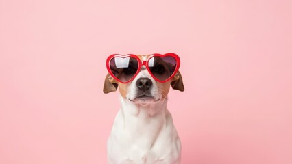 Expressive Pup! Darling dog donning adorable heart sunglasses against pretty pink, pure love and irresistible charm!