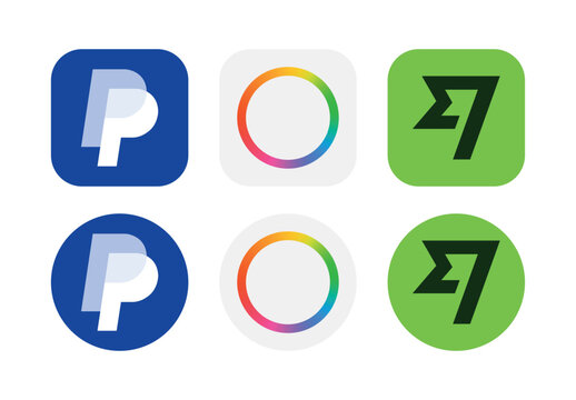 PayPal, Wise, Payoneer Logo Icon Pack, Fintech Branding Emblems, Payment Glyphs, Mobile UI Vector, Square and Circular Variants