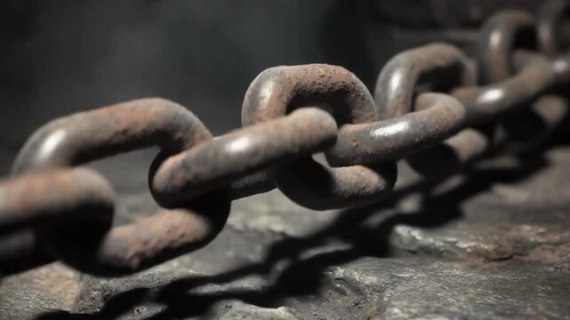 Close-up of a heavy, rusted metal chain symbolizing strength, connection, and endurance on a dark surface