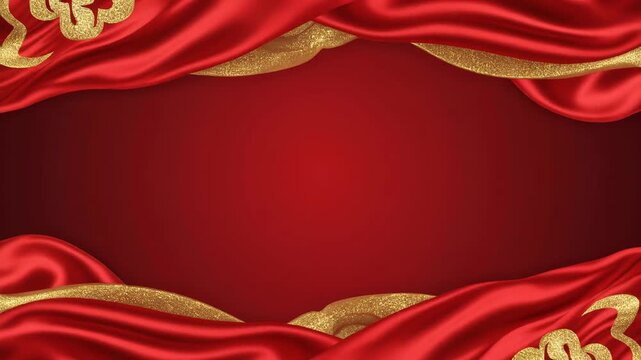 Elegant Red and Gold Silk Drapes Border with Copy Space for Festive Designs. Chinese New Year.