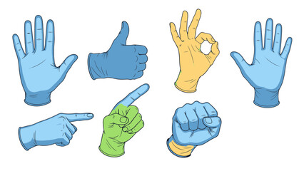 Fototapeta premium Set of Human Hands, Some Gloved, Performing Diverse Gestures and Signs, Isolated on a Dark Background
