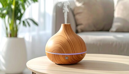A wooden-patterned diffuser sits atop a circular table. Steam emanates, amidst a soft-lit, cozy living space, adjacent to a houseplant