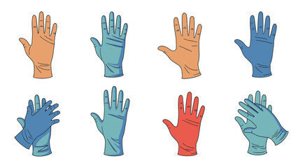 Obraz premium Vector illustration of various human hands, some bare and others in protective gloves, showcasing hygiene, safety, and care concepts.