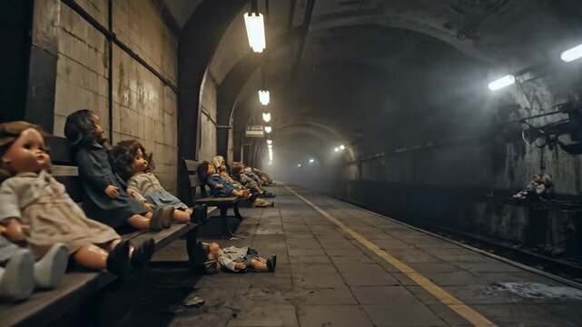 Cinematic, gloomy perspective of creepy dolls sitting abandoned on a bench in the dark subway prison.