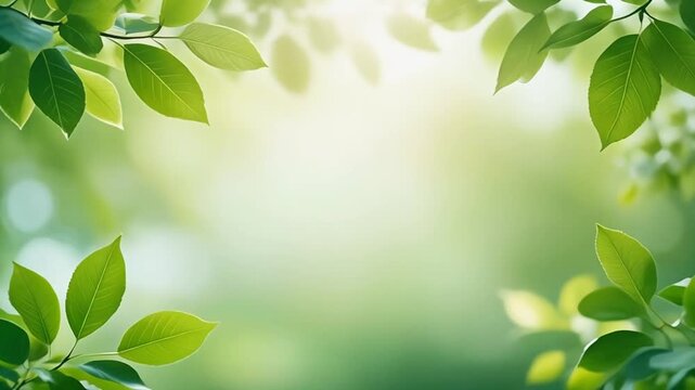 Vibrant Green Leaves Frame a Luminous Spring Background with Soft Sunlight Filtering Through