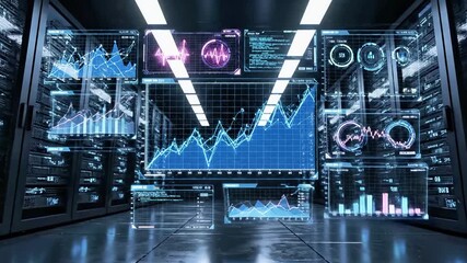 A futuristic digital corridor with glowing green cityscape and various colorful graphs and charts on screens - Powered by Adobe