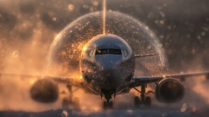Naklejka premium Airplane creates magical snow globe effect in fog