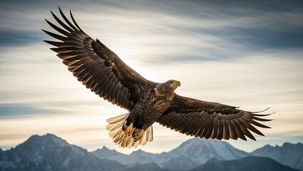 Fototapeta premium Majestic White-tailed Eagle soaring high with wide-spread wings against a golden hour cloudy sky and distant mountains.