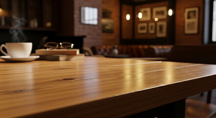 Steaming hot coffee cup on a shiny wooden table in a dimly lit rustic cafe.