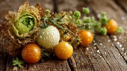 Vibrant Close-Up of Wilted Lettuce and Colorful Tomatoes on Wood