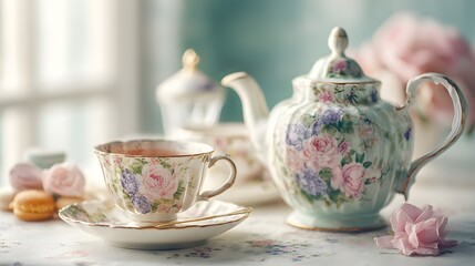 Elegant Tea Time - Vintage Teapot and Cup with Floral Design.