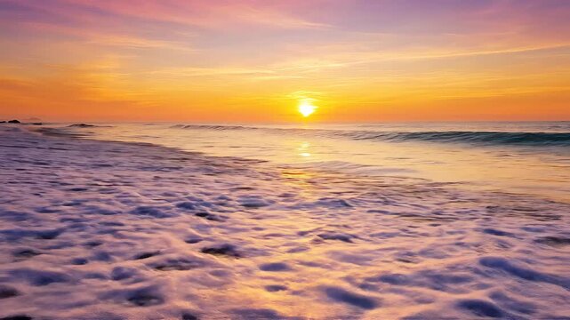 A breathtaking golden hour sunset paints the sky with vibrant orange and yellow hues over a tranquil ocean beach, as gentle waves roll onto the sandy shore, reflecting the brilliant sun in a serene c.