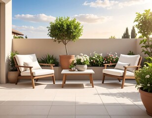 Modern outdoor patio setup with white chairs, table, and potted plants