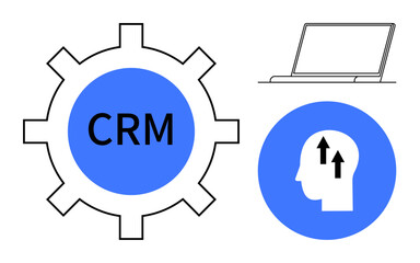 Obraz premium CRM system. CRM tools with gear icon, growth symbol, and laptop. CRM systems improve customer relationships and enable efficient business operations. For corporate, sales, analytics, marketing