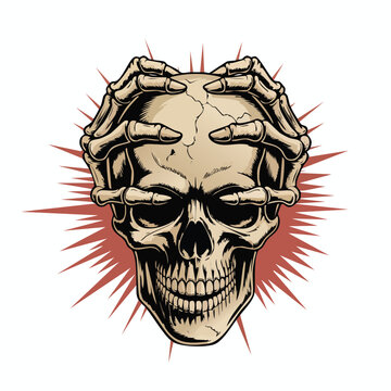 Grim Skull Gripped by Skeletal Hands Illustration.