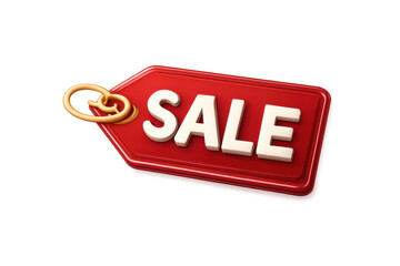 Red 3d sale price tag indicating clearance and special discount offer, promoting retail shopping deals, transparent background